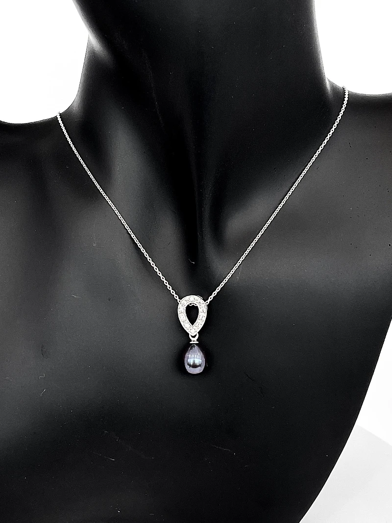 Silver Fresh Water Black Pearl & Cubic Zirconia Necklace 18"