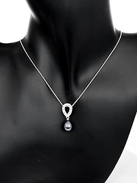 Silver Fresh Water Black Pearl & Cubic Zirconia Necklace 18"