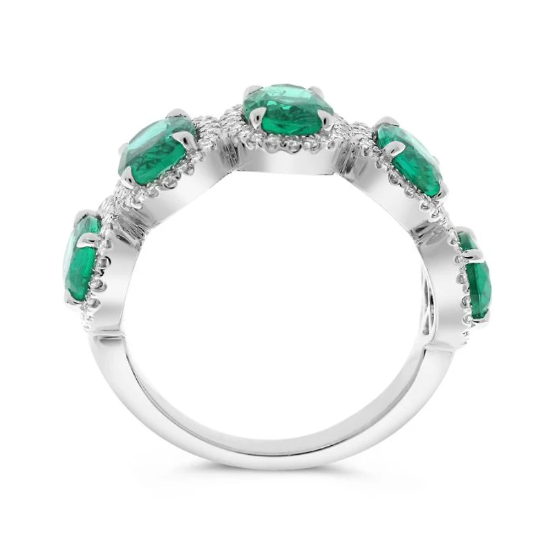 14K White Gold 1.03cttw Oval Cut Emeralds and 0.23cttw Diamond Ring - Size 7