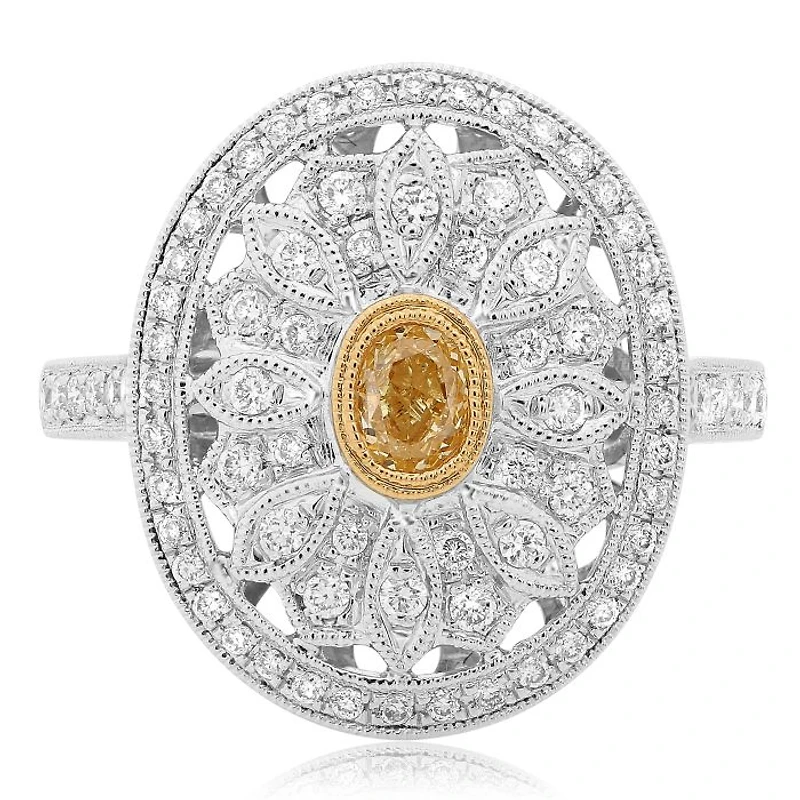 18K 2 Tone Gold Oval Cut Natural Fancy Yellow and White Diamond Antique Cluster Ring