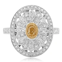 18K 2 Tone Gold Oval Cut Natural Fancy Yellow and White Diamond Antique Cluster Ring