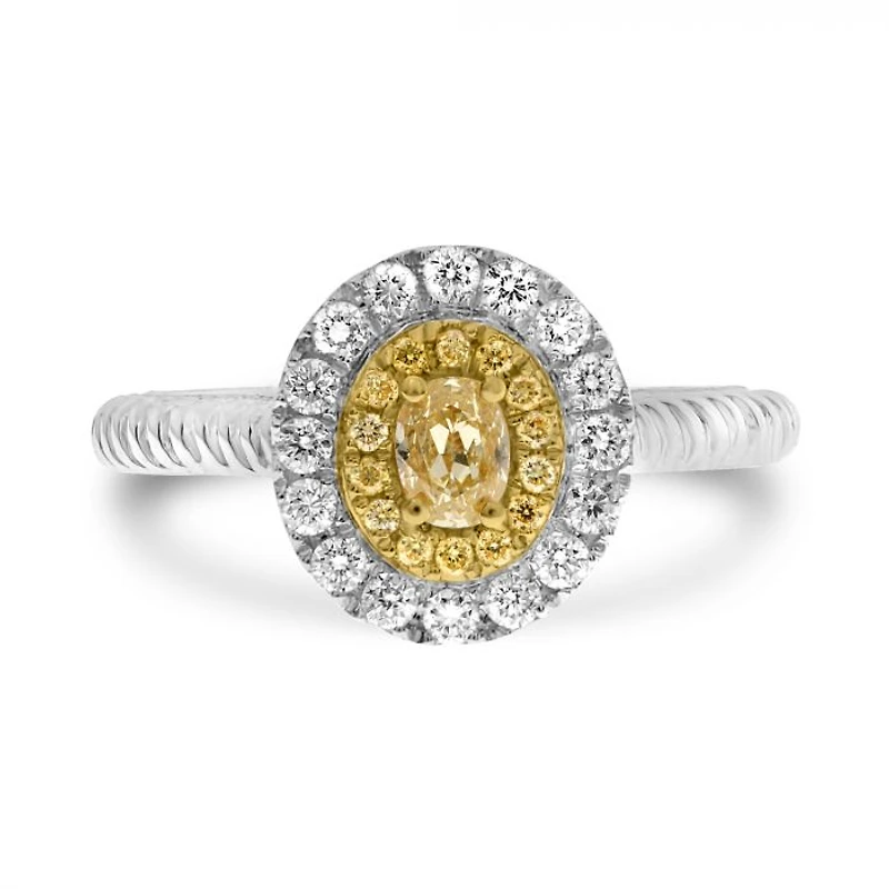 18K 2 Tone Gold Oval Cut Natural Fancy Yellow and White Diamond Braided Shank Cluster Ring