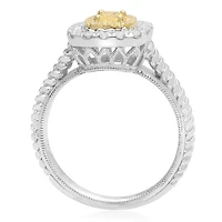 18K 2 Tone Gold Cushion Cut Natural Fancy Yellow and White Diamond Braided Shank Cluster Ring - 4.5