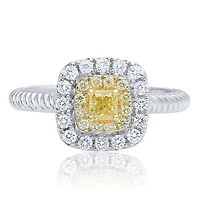 18K 2 Tone Gold Cushion Cut Natural Fancy Yellow and White Diamond Braided Shank Cluster Ring - 4.5