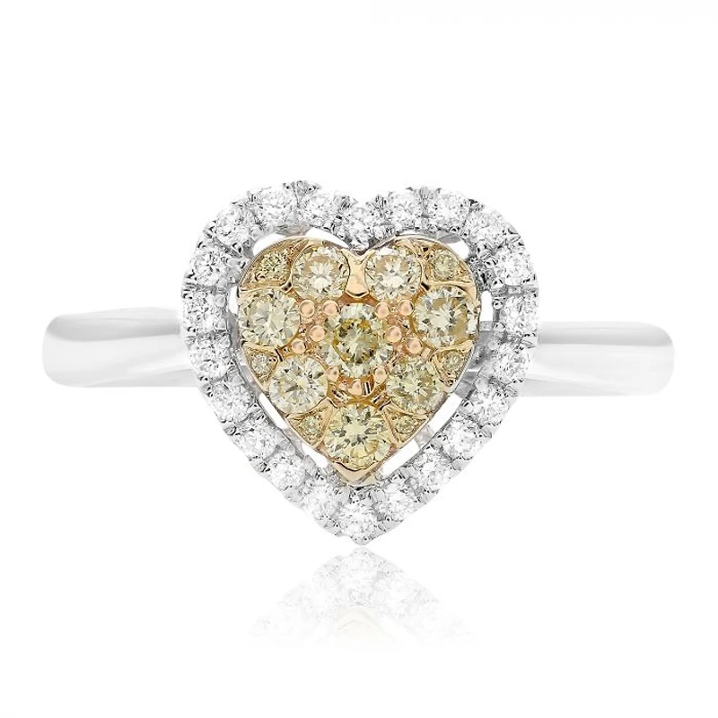 18K 2 Tone Gold Heart-shaped Natural Fancy Yellow and White Diamond Cluster Ring