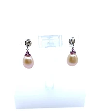 Freshwater Pearl, Pink Sapphire & Diamond Earrings