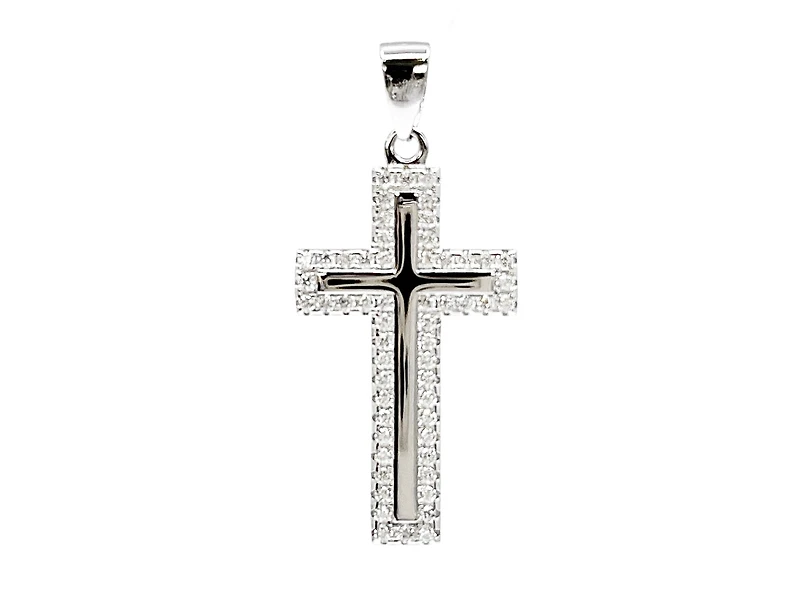 925 Sterling Silver Cubic Zirconia 28mm x 15mm Crested Cross Charm