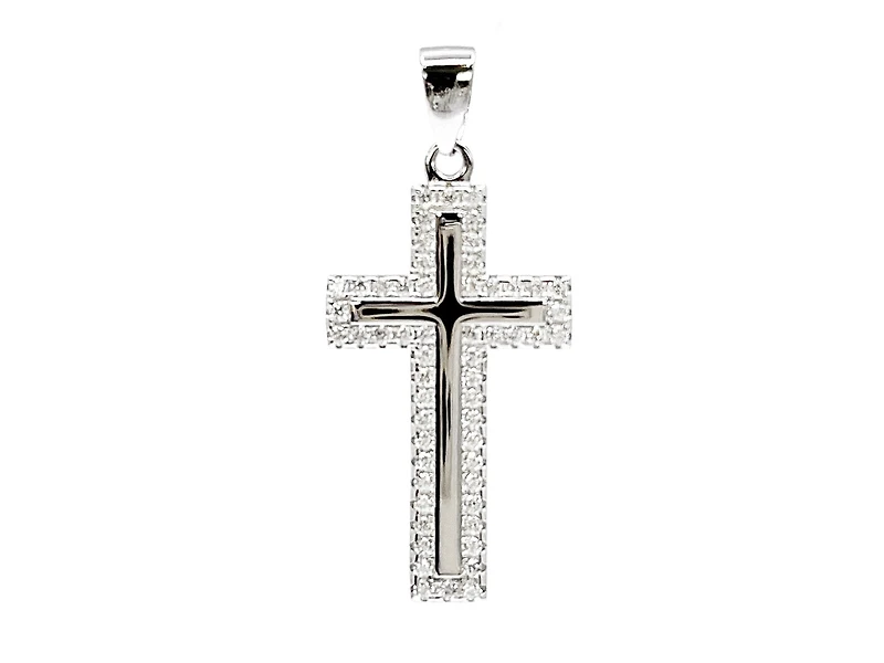 TRACKING - 925 Sterling Silver Cubic Zirconia 28mm x 15mm Crested Cross Charm