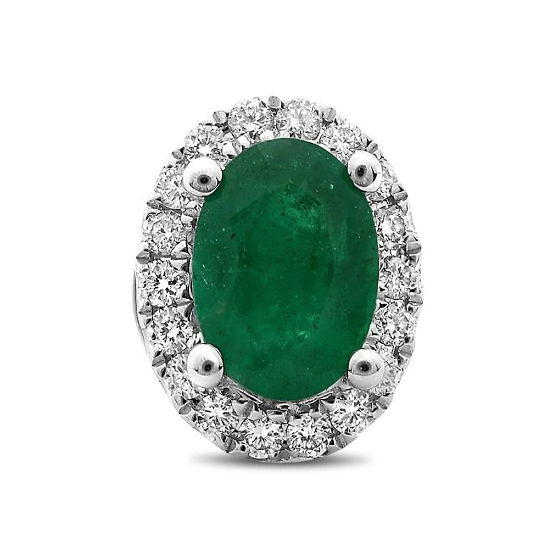 18K White Gold  Oval Cut Emerald and Diamond Halo Stud Earrings