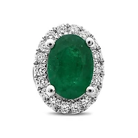 18K White Gold  Oval Cut Emerald and Diamond Halo Stud Earrings