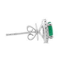 18K White Gold  Oval Cut Emerald and Diamond Halo Stud Earrings
