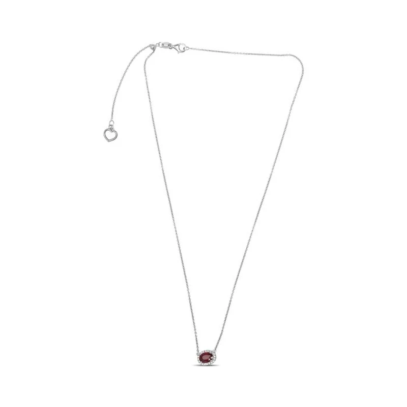 18K White Gold Ruby and Diamond Halo Necklace, 16-18"