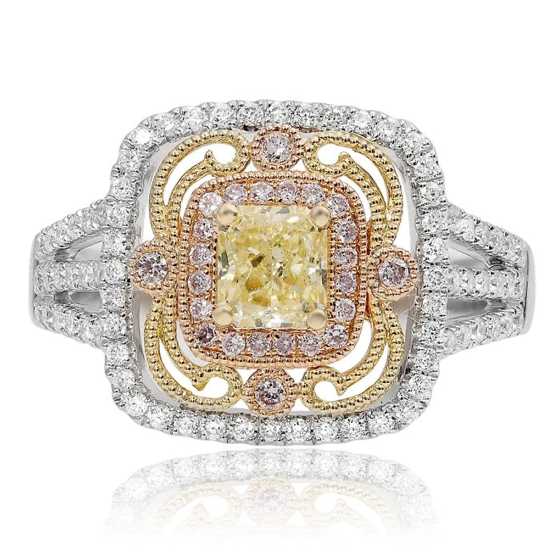 18K 2 Tone Gold Radiant Cut Natural Fancy Yellow, Pink and White Diamond Antique Cluster Halo Ring