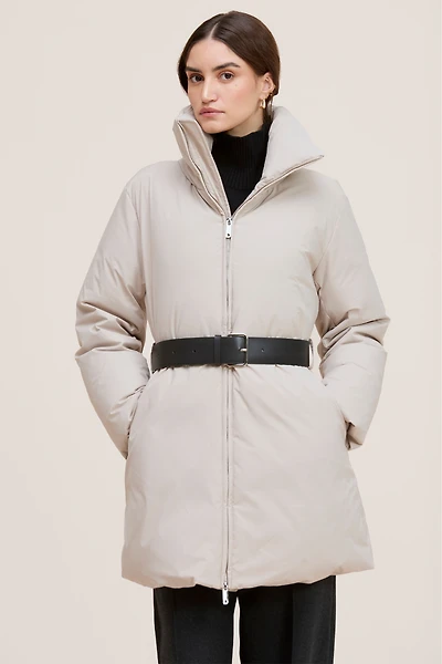 ELISEH MOCK NECK PUFFER JACKET WITH LEATHER BELT