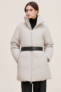 ELISEH MOCK NECK PUFFER JACKET WITH LEATHER BELT
