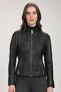 MAGALIE Genuine Butter Soft Lamb Leather Classic Moto Bomber Jacket