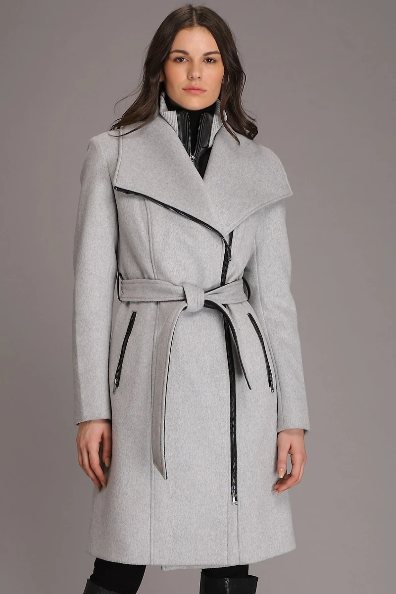 AERYN Genuine Luxe Lamb Leather Trimmed Wool Coat