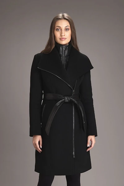 AERYN Genuine Leather Trimmed Wool Coat