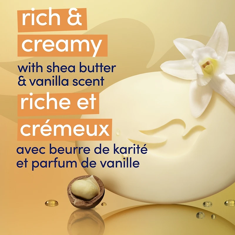 Pain de Beauté Pur Bien-Être pour une peau saine Dove Beurre de Karité & Vanille Chaude avec 1/4 de crème hydratante 106 g x 3