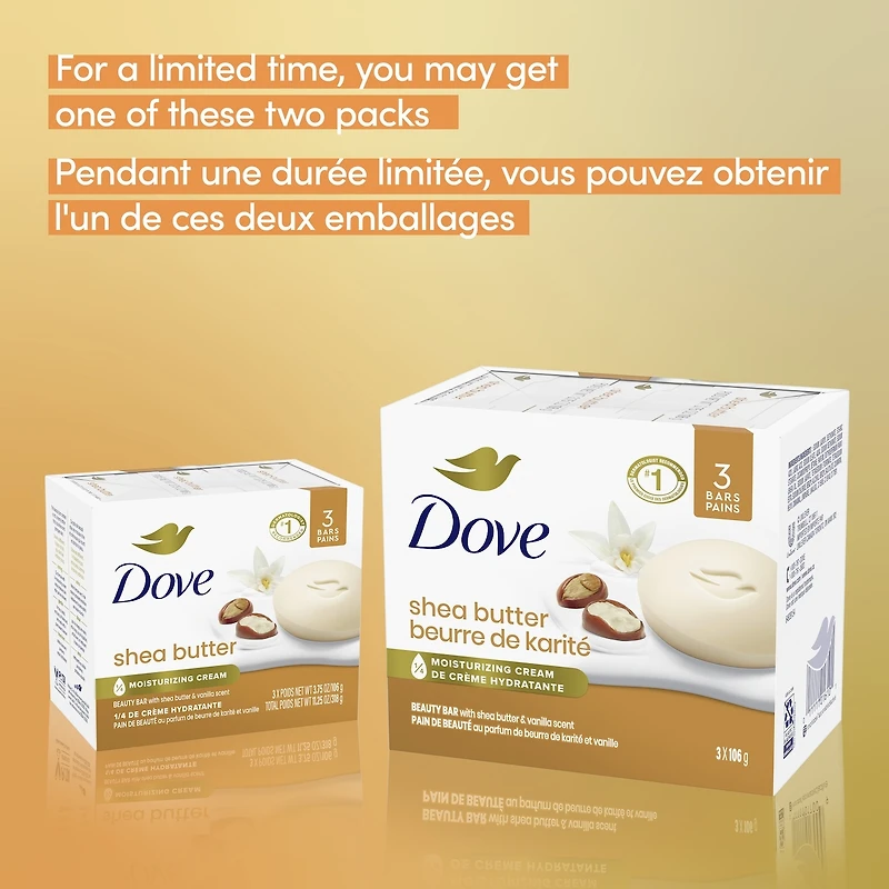 Pain de Beauté Pur Bien-Être pour une peau saine Dove Beurre de Karité & Vanille Chaude avec 1/4 de crème hydratante 106 g x 3