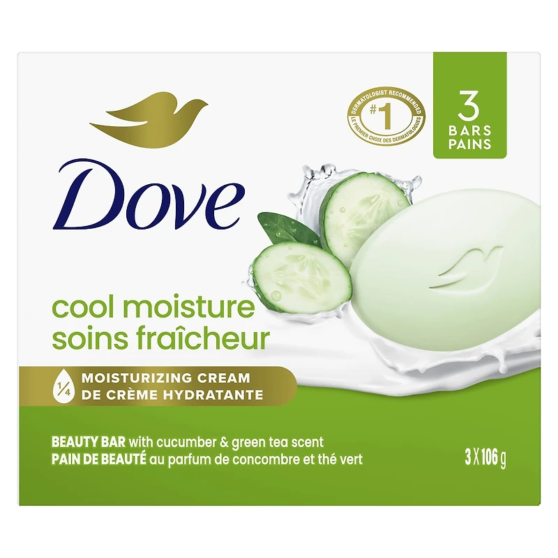 Pain de Beauté Soins Fraîcheur pour une peau revitalisée Dove Concombre et Thé vert avec 1/4 de crème hydratante 106 g x 3