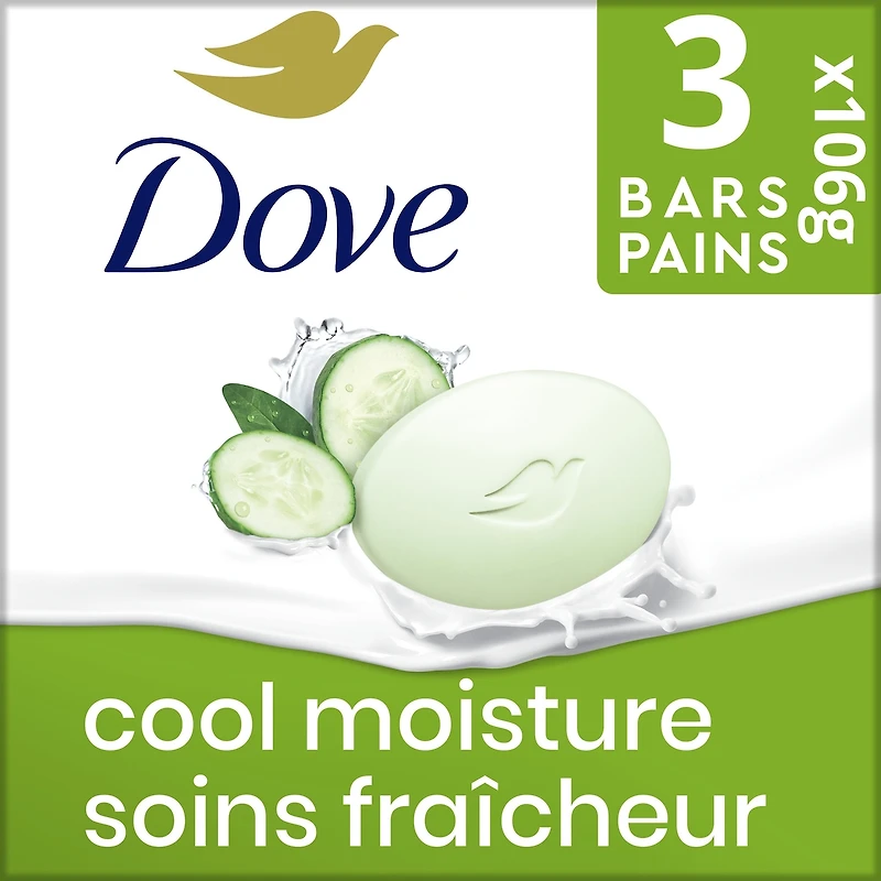 Pain de Beauté Soins Fraîcheur pour une peau revitalisée Dove Concombre et Thé vert avec 1/4 de crème hydratante 106 g x 3