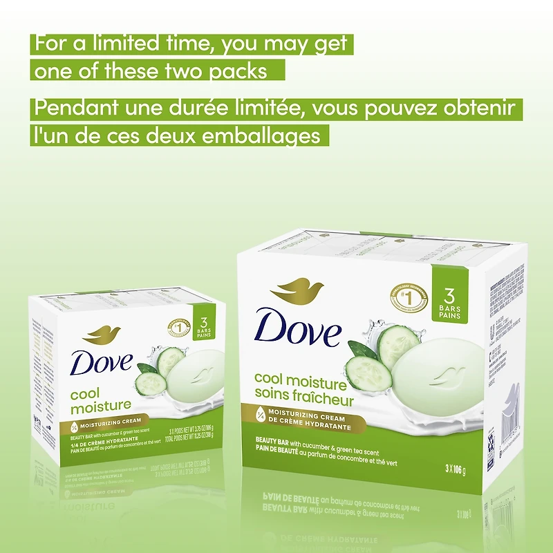 Pain de Beauté Soins Fraîcheur pour une peau revitalisée Dove Concombre et Thé vert avec 1/4 de crème hydratante 106 g x 3