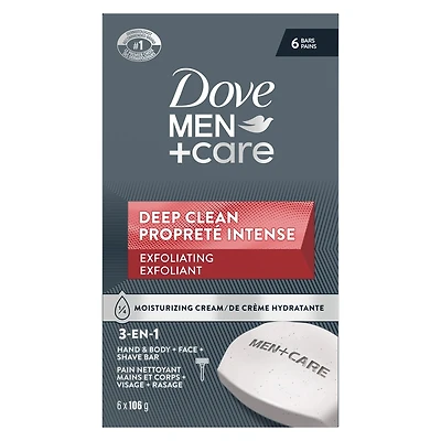 Dove Men+Care Deep Clean Hand & Body & Face & Exfoliation Bar Soap with purifying grains for healthy-looking and strong skin with ¼ moisturizing cream 106 g Pack of 6