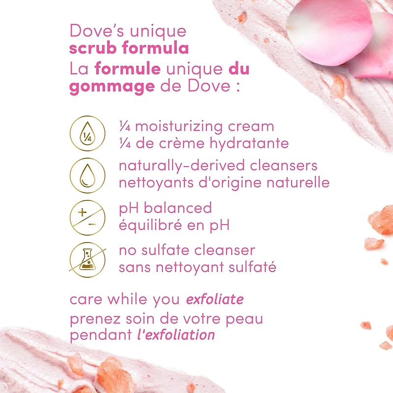 Dove  Body Scrub for Visibly Silky-Smooth, Nourished Skin, Himalayan Salt & Rose Oil with ¼ Moisturizing Cream, 425g