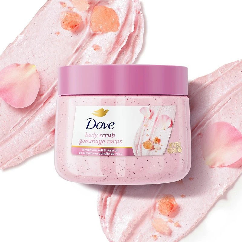 Dove  Body Scrub for Visibly Silky-Smooth, Nourished Skin, Himalayan Salt & Rose Oil with ¼ Moisturizing Cream, 425g