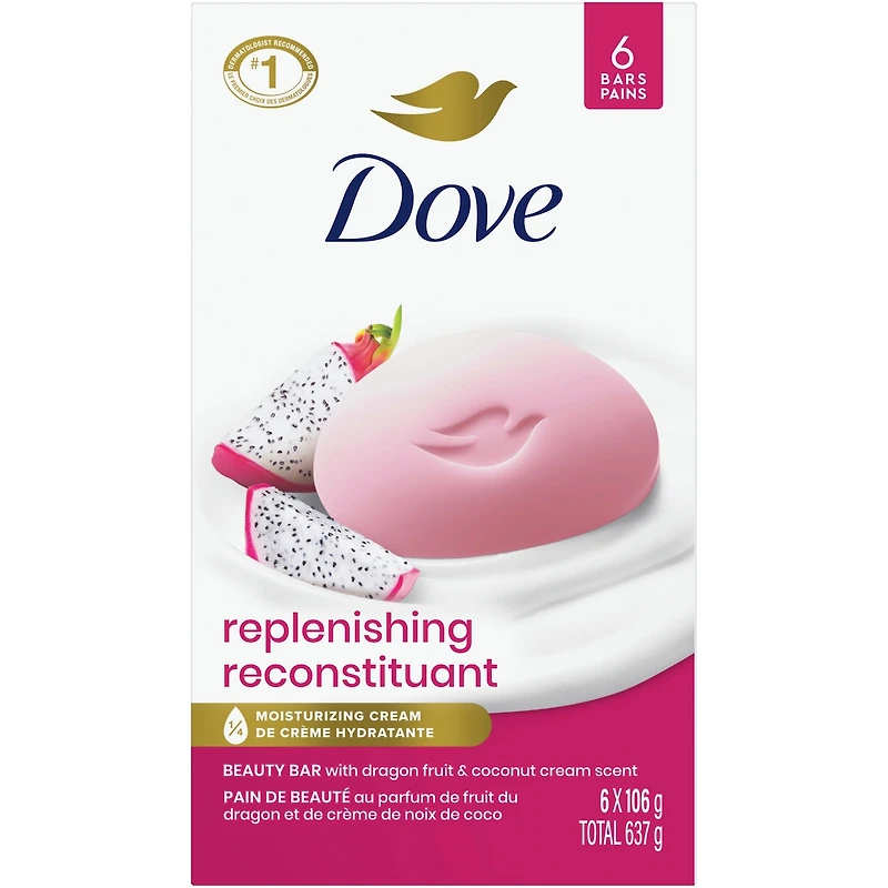 Dove  Pain de savon pour une nutrition profonde, Reconstituant aux fruits du dragon et à la crème de noix de coco, pour une peau apaisée et revitalisée 106 g, paquet de 6
