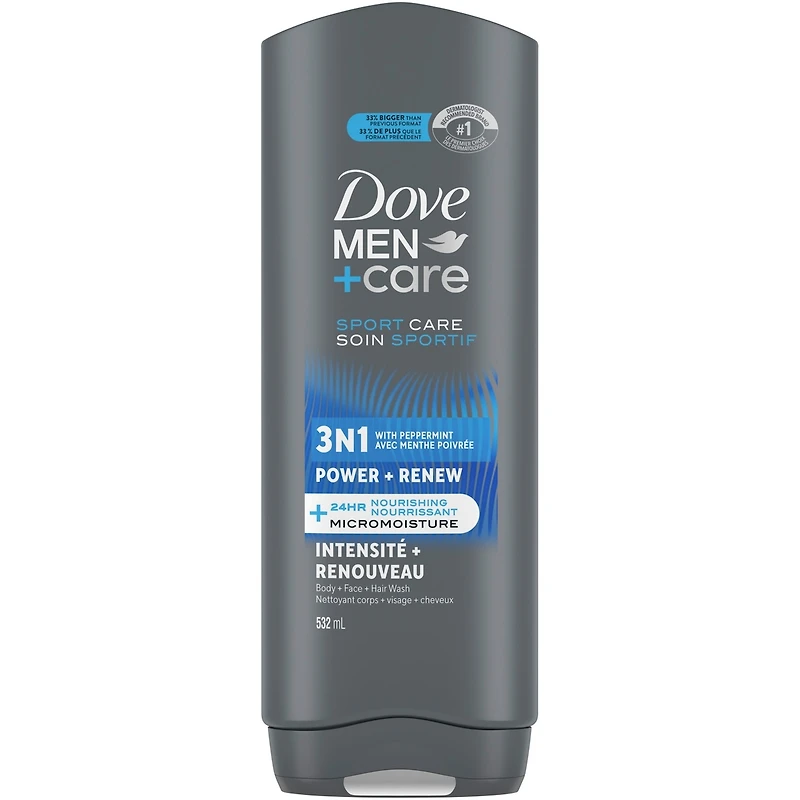 Dove Men+Care Refreshing Power + Renew 3N1 Body, Hair and Face Wash with 24-Hour Nourishing Micromoisture Technology Body Wash for Men Power & Renue  532 ml
