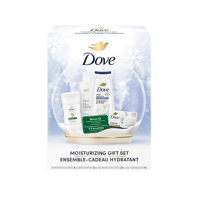 SH/nett corp/antisud/pain Comprend le shampooing Hydratation Quotidienne, le nettoyant corporel Hydratation Profonde, l'antisudorifique Essentiels Fraîcheur et le pain de beauté Original Dove
