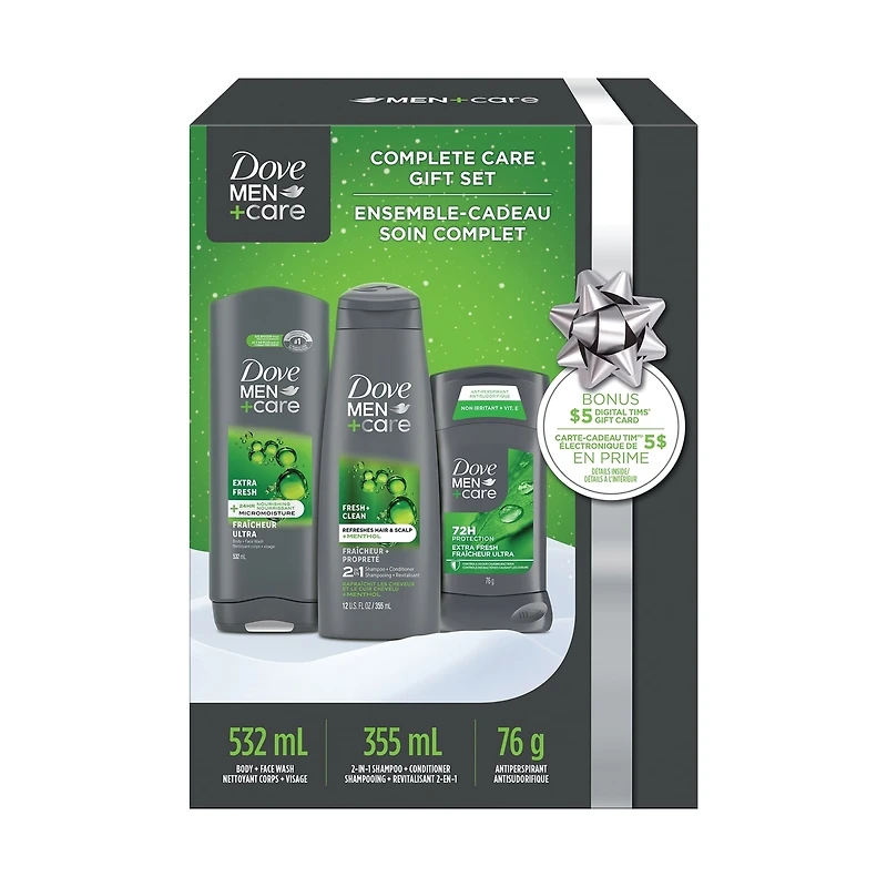 Dove Men+Care Extra Fresh Gift Set, Includes: Dove Men+Care 2-in-1 Shampoo and Conditioner, Body Wash, and Antiperspirant Stick, 3-Piece Gift Set