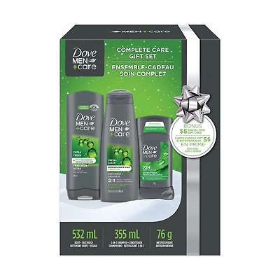 Ensemble-cadeau, comprenant : shampooing et revitalisant 2-en-1, nettoyant corporel et antisudorifique en bâton Dove Men+Care, Dove Men+Care Fraîcheur Ultra ensemble-cadeau de 3 pièces