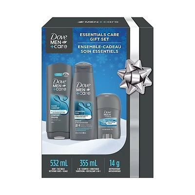 Ensemble-cadeau Soins Essentiels avec nettoyant corporel, shampooing et revitalisant 2-en-1 et désodorisant antisudorifique en bâton Dove Men+Care 3 pièces