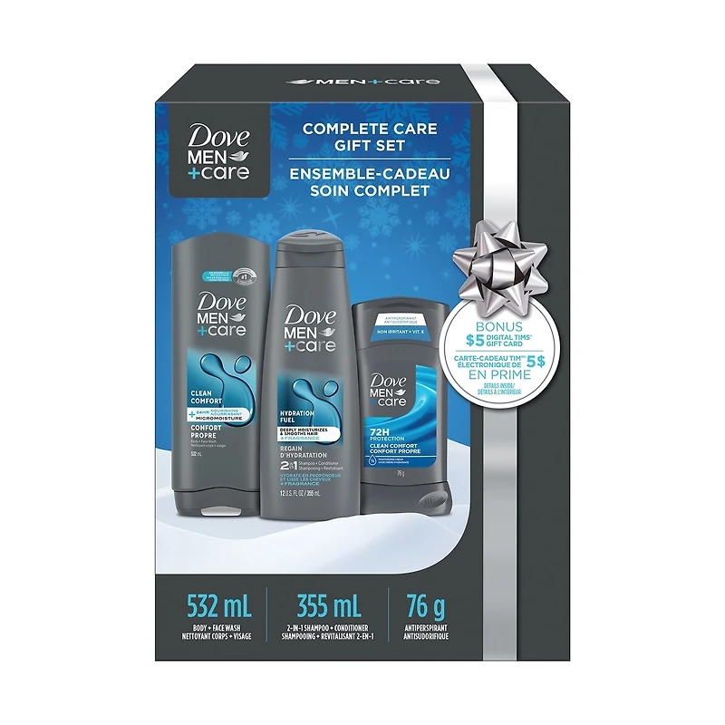 Dove Men+Care Clean Comfort Complete Care Gift Set, Includes: Dove Men+Care 2-in-1 Shampoo and Conditioner, Body Wash, and Antiperspirant Stick, 3-Piece Gift Set