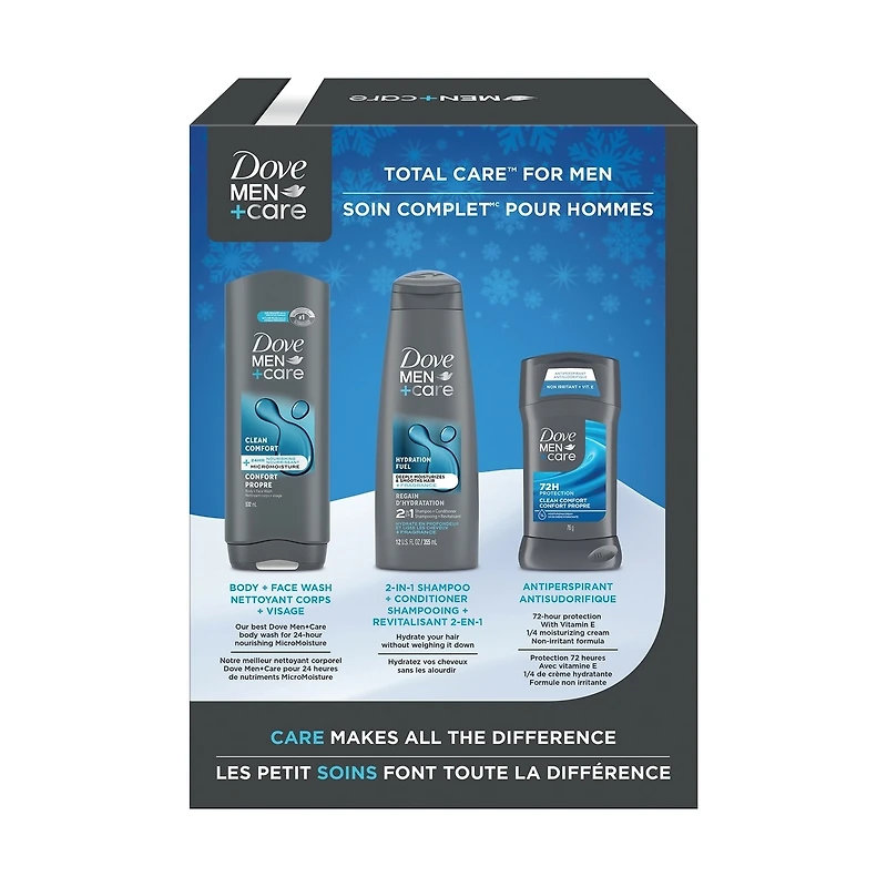 Dove Men+Care Clean Comfort Complete Care Gift Set, Includes: Dove Men+Care 2-in-1 Shampoo and Conditioner, Body Wash, and Antiperspirant Stick, 3-Piece Gift Set
