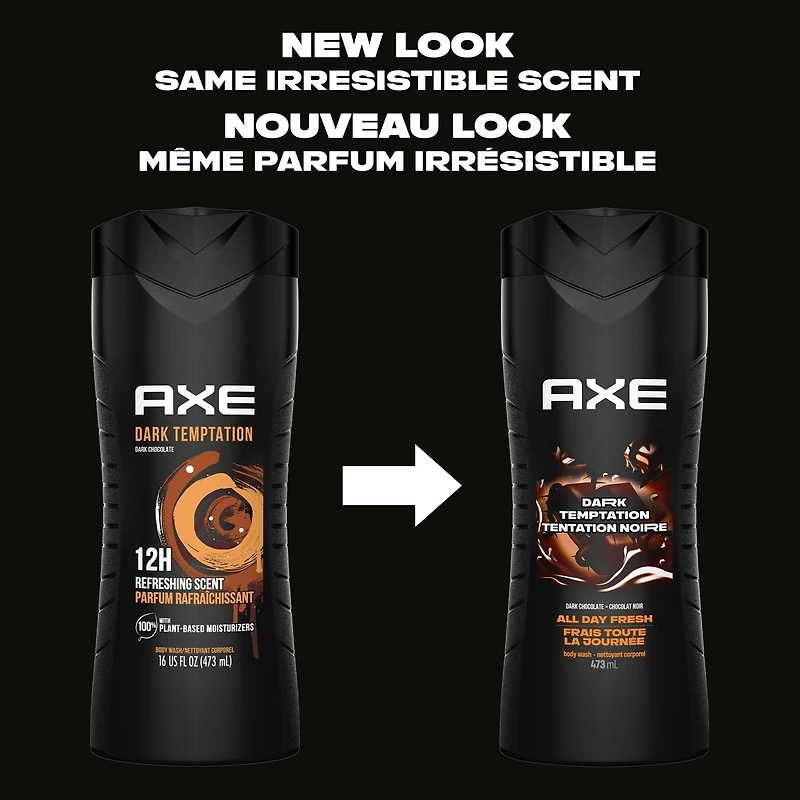 AXE Dual Action Body Wash for Long Lasting freshness Dark Temptation Men's Moisturizing Shower Gel with 100% Plant-based Prebiotics, No Parabens, Dermatologist tested 473 ml