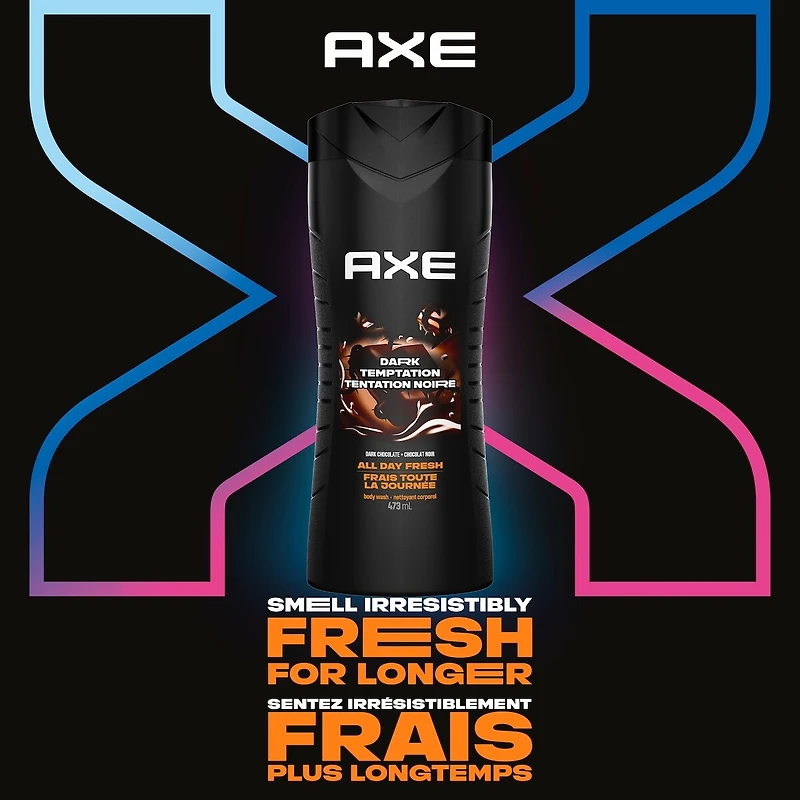 AXE Dual Action Body Wash for Long Lasting freshness Dark Temptation Men's Moisturizing Shower Gel with 100% Plant-based Prebiotics, No Parabens, Dermatologist tested 473 ml