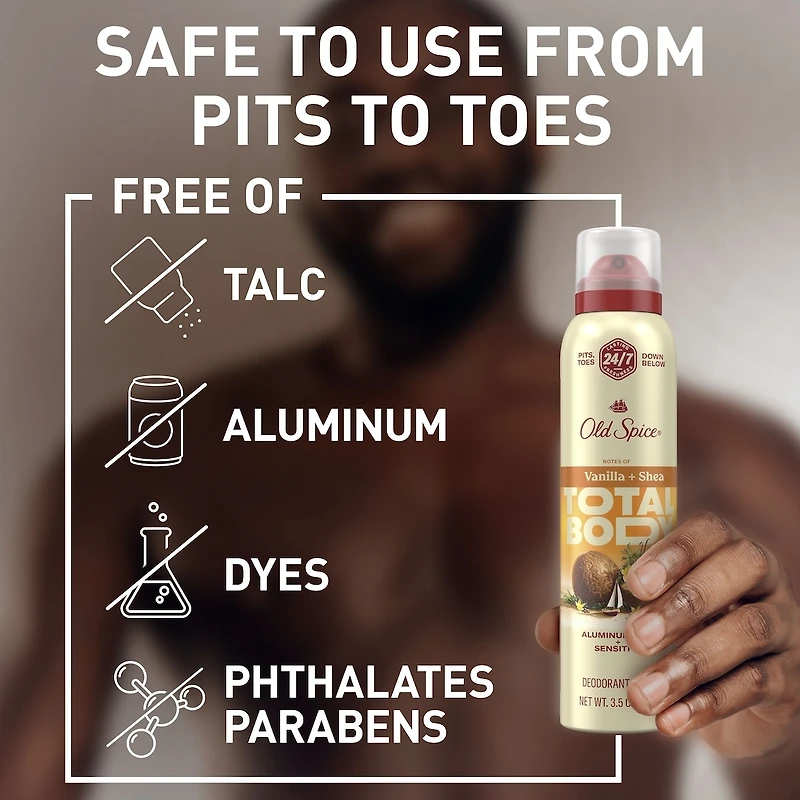 Total Body Deodorant Aluminum Free Spray Vanilla + Shea, 24/7 Freshness From Pits to Toes and Down Below // Dermatologist Tested Full Body Deodorant