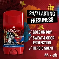 Antisudorifique et désodorisant pour hommes, fraîcheur 24heures sur 24, 7jours sur 7, protection longue durée contre la transpiration et les odeurs, sentez comme un héros, Superman, parfum Agrumes vifs et cosmos, 73g