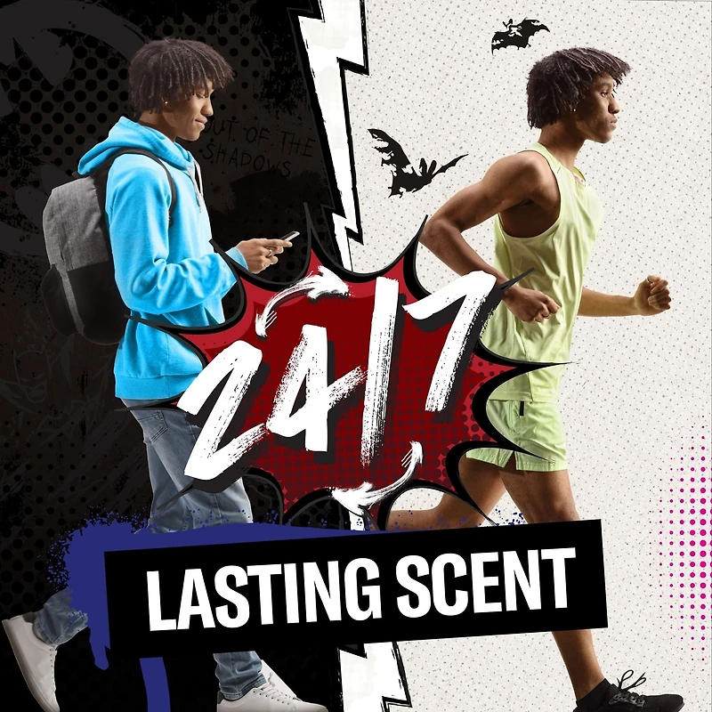 Désodorisant sans aluminium pour hommes, fraîcheur 24heures sur 24, 7jours sur 7, protection longue durée contre les odeurs, sentez comme un héros, Batman, parfum Cerise noire et crépuscule, 85g