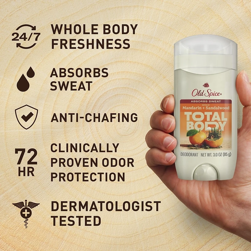 Whole Body Deodorant Stick, Aluminum Free Total Body Deodorant, Mandarin + Sandalwood Scent, Absorbs Sweat //24/7 Freshness From Pits to Toes and Down Below