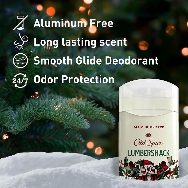 Désodorisant sans aluminium pour hommes, Gars des fêtes édition limitée, fraîcheur des fêtes 24/7, protection contre les odeurs, Lumbersnack, parfum Pin frais, bas de Noël, cadeau des fêtes, parfum saisonnier, 85 g