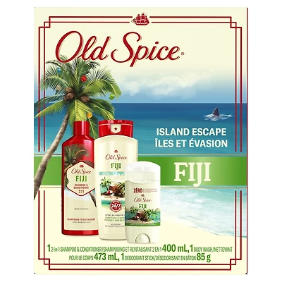 Ensemble-cadeau Fraîcheur des îles avec un nettoyant pour le corps Fiji de, un désodorisant de et un shampooing et revitalisant 2 en 1 Fiji de