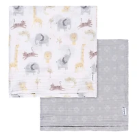 Couvertures Bébé En Mousseline Animaux + Géométrie (Lot De 2