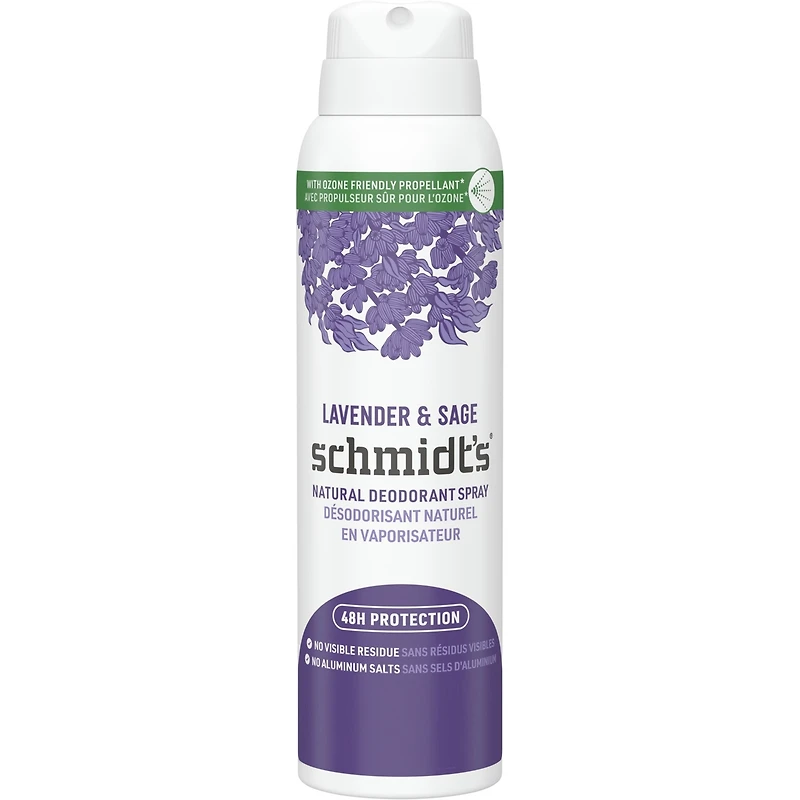 Désodorisant naturel en vaporisateur pour femmes et hommes Schmidt's  Lavender & Sage pour 48 h de protection anti-odeurs, sans sels d'aluminium, sans traces blanches, sans cruauté, végétalien 91 g