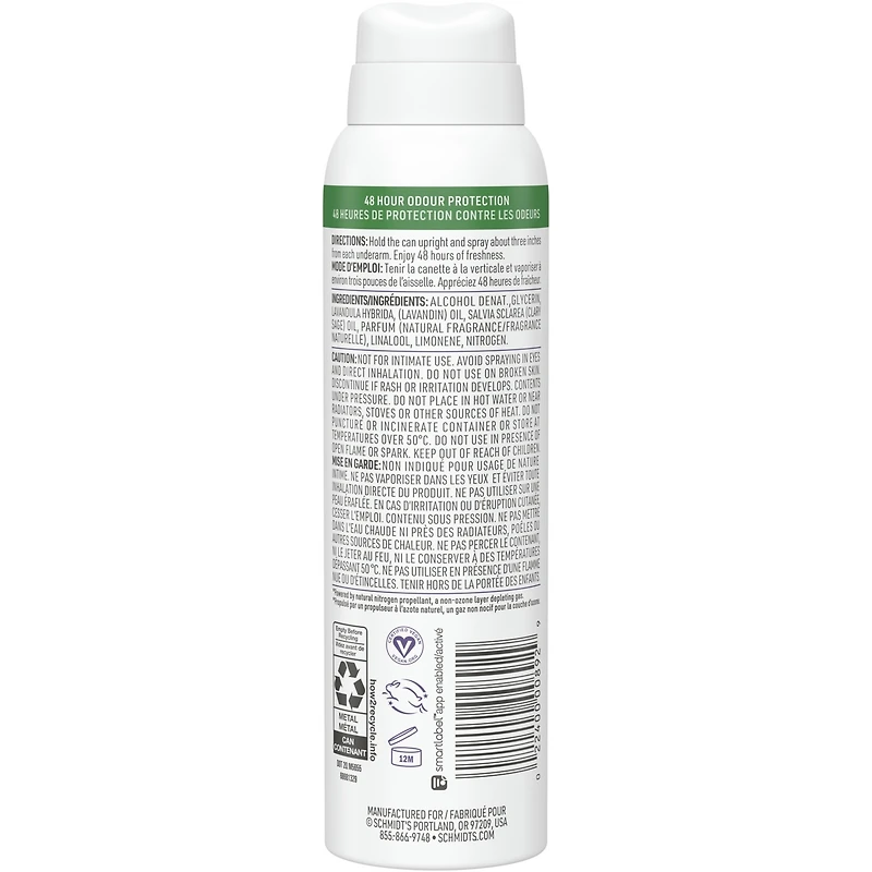Désodorisant naturel en vaporisateur pour femmes et hommes Schmidt's  Lavender & Sage pour 48 h de protection anti-odeurs, sans sels d'aluminium, sans traces blanches, sans cruauté, végétalien 91 g