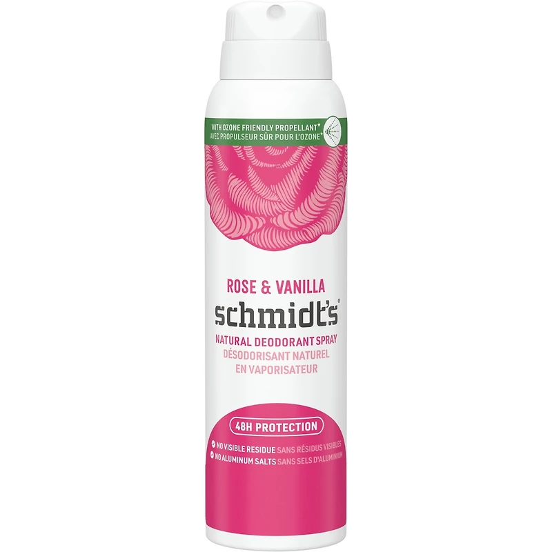 Désodorisant naturel en vaporisateur pour femmes et hommes Schmidt's  Rose & Vanilla pour 48 h de protection anti-odeurs, sans sels d'aluminium, sans traces blanches, sans cruauté, végétalien 91 g